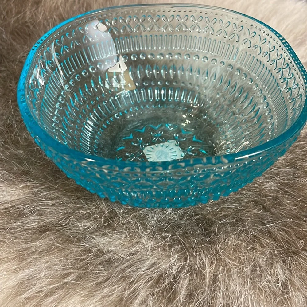 NWT Crate & Barrel Aqua Pressed Glass Phoebe Yogurt Bowl